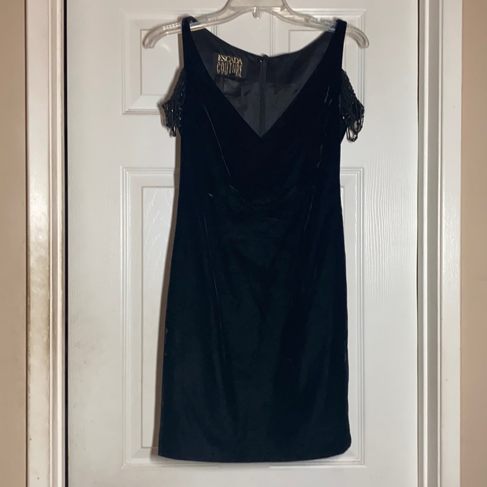 Vintage black velvet beaded sleeve mini dress